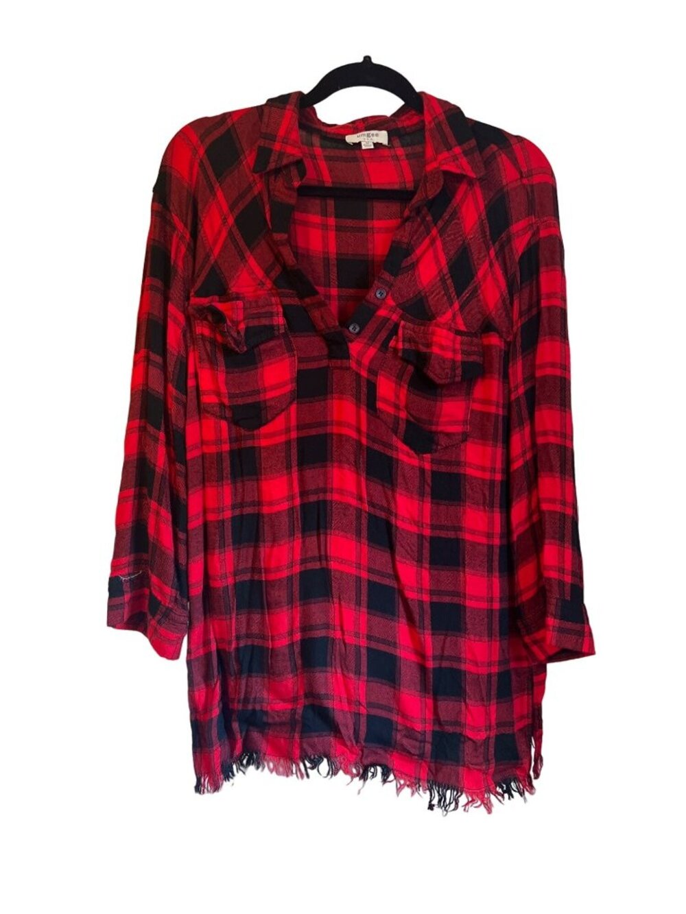 Red & Black Plaid Shirt With Frayed Hem Button Details And Front Pockets - Size